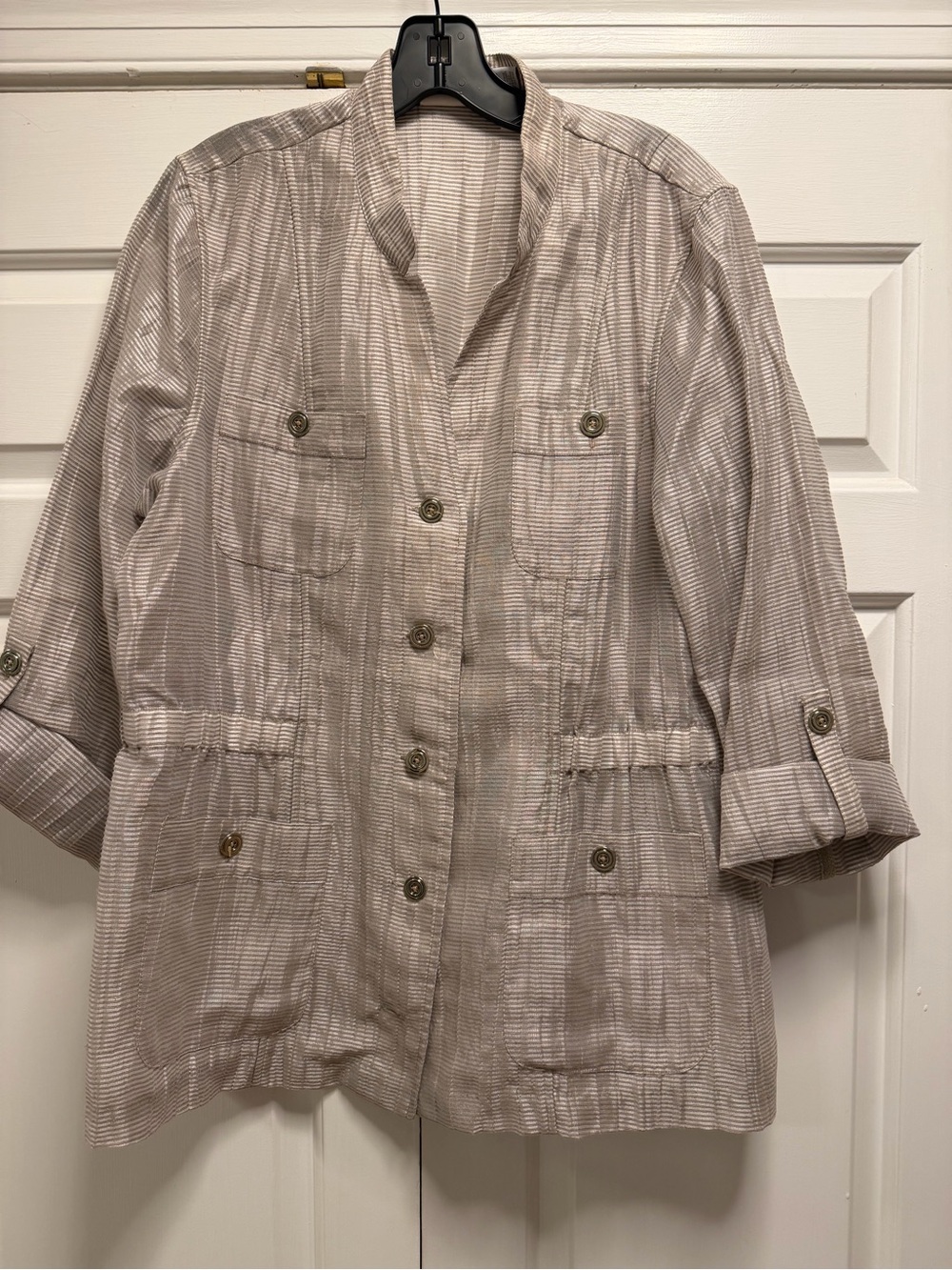 Chico's Metallic Striped Gray Linen Blend  Utility Jacket